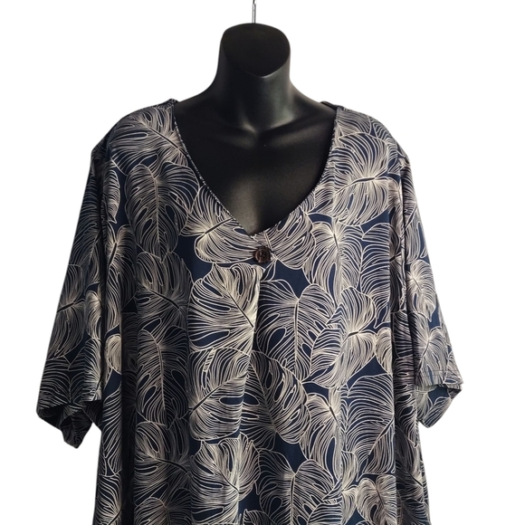 Ulla Popken Midi Dress Women's Blue White V-Neck Shortsleeve Plus Sz 32/34 NWT - Picture 4 of 11